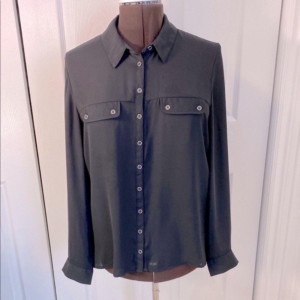 2 for $25 - Reitmans Classic Black Silky Button-Down Long Sleeve Shirt, 15 Plus